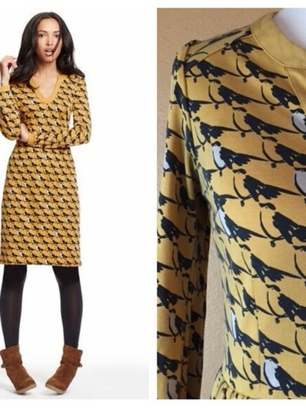 Boden Mustard Yellow Bird-Print Long Sleeve Dress